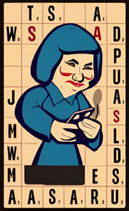 A graphic representation of an angry lady playing scrabble