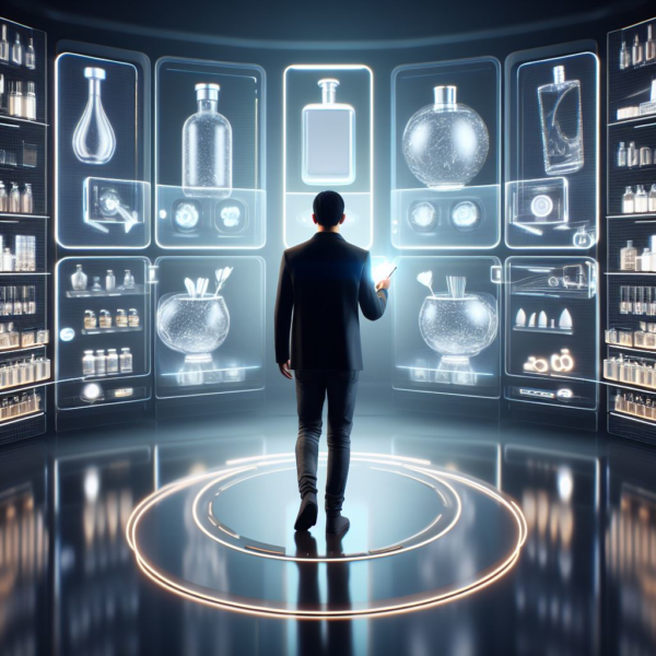 A person stands in a sleek, futuristic environment, surrounded by glowing displays of various scents and fragrance ingredients.